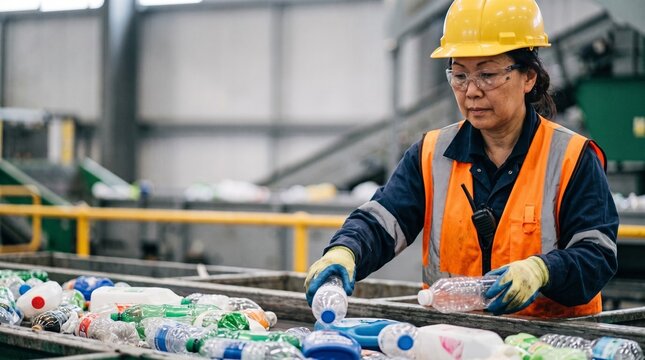 Asian female recycling worker in yellow hard hat and safety vest sorting plastic bottles on conveyor belt at waste plant, environmental ecology and sustainable green factory concept