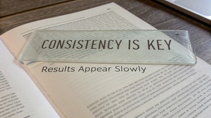 Naklejka premium Clear Glass Sign with Inspirational Quote on Consistency Next to a Book Page Highlighting the Importance of Steady Progress