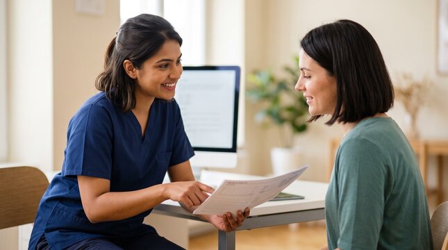 Indian female medical practitioner showing diagnosis chart to happy Caucasian woman patient, discussing treatment plan or clinical results at desk in modern private hospital office.