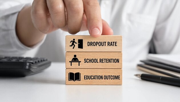 Education concepts with wooden blocks on desk in office  school retention and dropout rate  education outcome