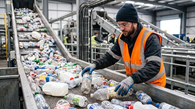 Male industrial recycling worker in orange safety vest sorting plastic bottles on conveyor belt at eco waste management factory facility, professional environmental conservation concept.