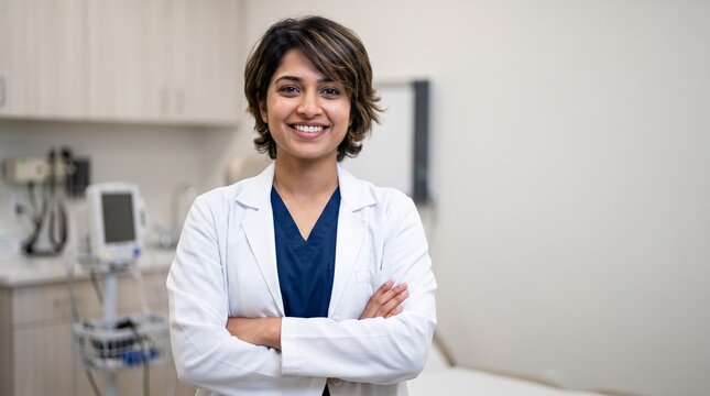 Portrait of smiling Indian female doctor standing with arms crossed in clinic office. Confident South Asian healthcare professional wearing white lab coat and blue scrubs for medicine.