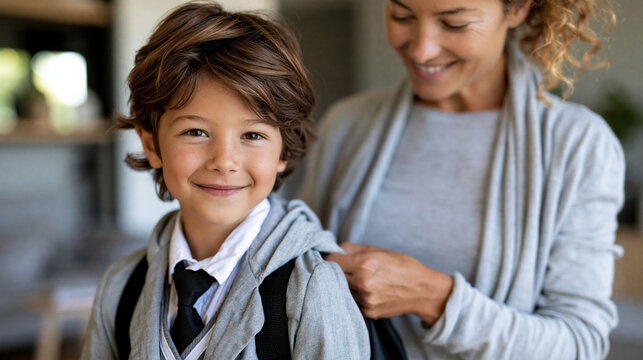 Faceless single mother at home getting son wearing uniform ready for first day of school, single parent back to school concept, family photography, blurred home background , with