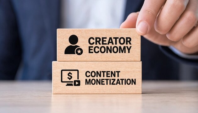 Hand holding wooden blocks with creator economy and content monetization concepts on a table in a business setting with blurred background