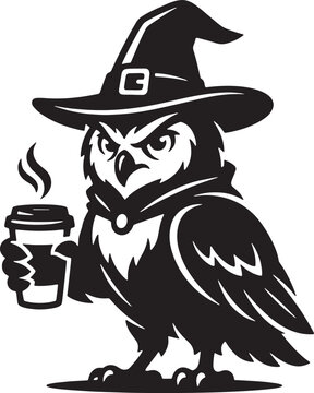 Angry owl wearing a witch hat holding a coffee cup vector