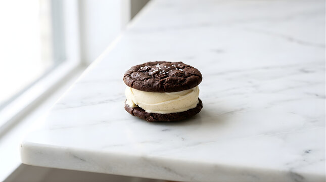Decadent Dark Chocolate Cookie Ice Cream Sandwich Topped With Sea Salt Crystals Served on a Marble Countertop Near a Window