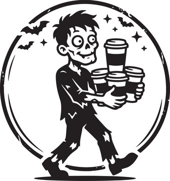 Funny cartoon zombie carrying a stack of takeaway coffee cups vector