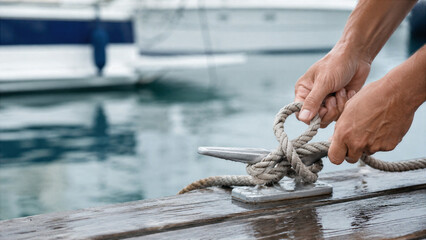Obraz premium Man securing rope around metal cleat on wooden dock. Sailor docking boat at marina. Nautical mooring equipment for vessel safety. Sailing adventure and marine transport activity concept.