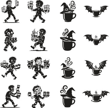 Halloween coffee concepts with zombies witch hats and bat wings vector