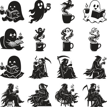 Halloween ghost reading book and grim reaper drinking coffee vector set