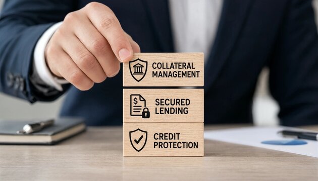 Businessman placing wooden block with collateral management on top of secured lending and credit protection blocks on office desk  financial security concept