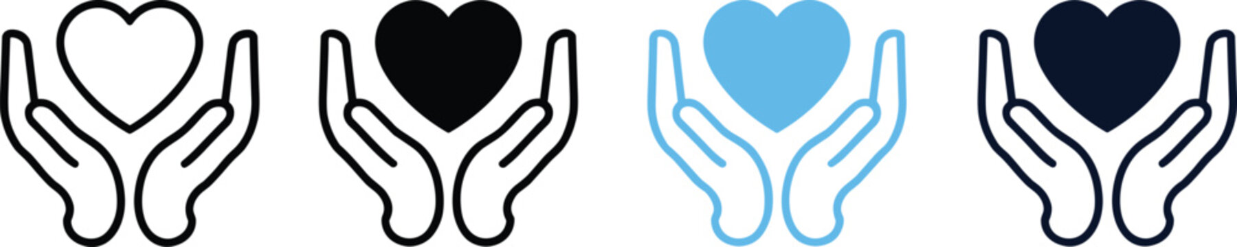 Minimalist vector set of cupped hands holding a heart icon in flat line art style for charity and healthcare concepts