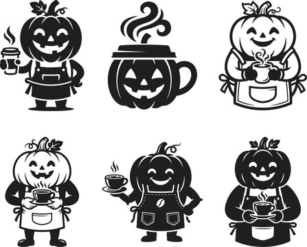 Cute halloween pumpkin head barista holding coffee cup vector set