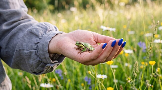 Small green tree frog resting gently in a woman hand amidst wildflowers