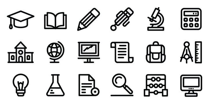 Education and School Line Icon Set Featuring Graduation Cap, Book, Calculator, Microscope, Backpack, Globe and Editable Stroke Vector Collection