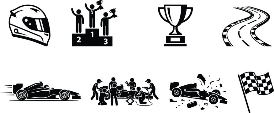 Car racing and formula motorsport stick figure elements set showing podium racecar pit stop crash helmet track flag vector silhouette