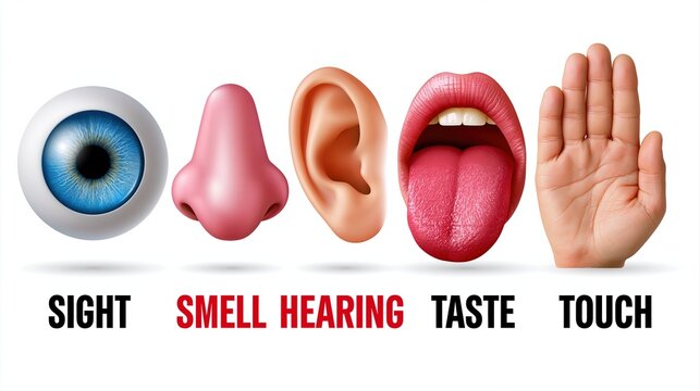 Human senses illustration eye nose ear tongue hand