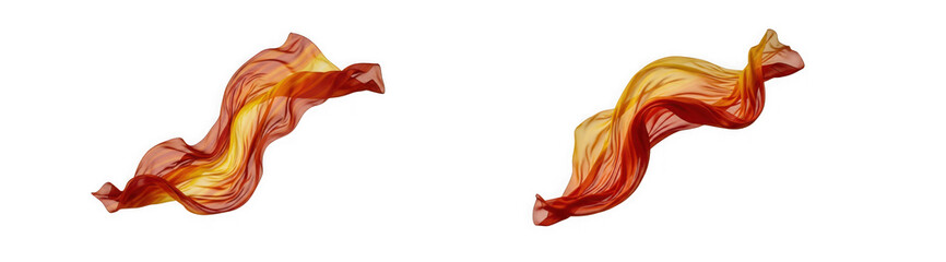 Fototapeta premium Two pieces of red and yellow gradient silk fabric flying in the wind isolated on transparent background