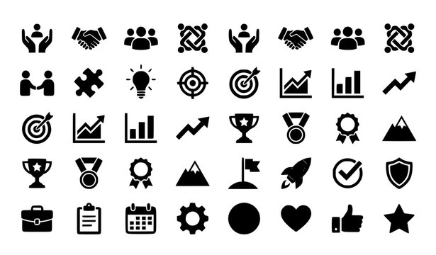 Minimal flat vector icon set featuring support teamwork growth success and achievement symbols for modern business design isolated on white background