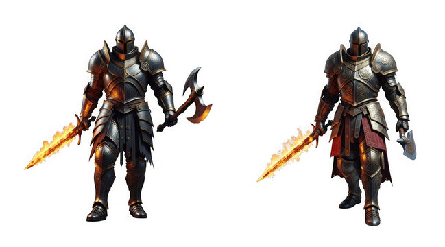 Two fantasy knights in ornate plate armor holding flaming swords isolated on transparent background
