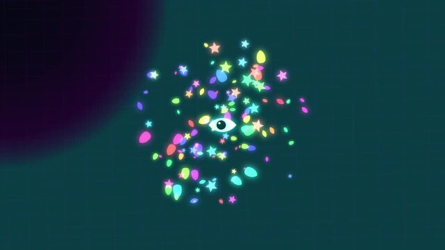 Glowing human eye icon surrounded by floating colorful magic particles