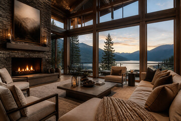 Fototapeta premium A luxurious, modern living room with a fireplace overlooks a scenic mountain and lake view through large windows.