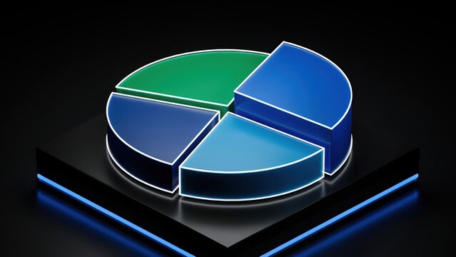 3d pie chart with four colorful segments on a dark surface for business analysis