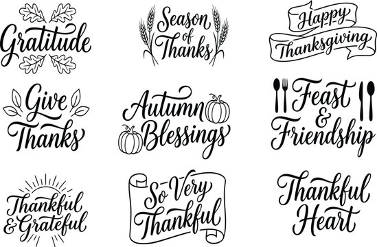 Gratitude and Thanksgiving Messages with Autumn-Themed Designs Featuring Blessings, Friendship, Feast with Thankful and Heart