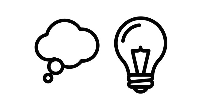 Minimalist black and white line icons representing a thought bubble and a light bulb concept idea creation sign with thinking innovation creativity