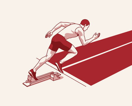 Detailed red and cream illustration of a male athlete in sports gear starting a sprint from blocks, featuring a perspective view of the red running track lanes