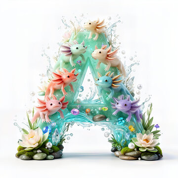 Letra A, ajolotes, agua, marco, flor, arcen, vector, floral, decoraciones, hojas, designio, navida, corona, ilustraci&oacute;n, naturaleza, cardar, arte, verano, f&aacute;brica, primavera, vacaciones, antique, rosa
