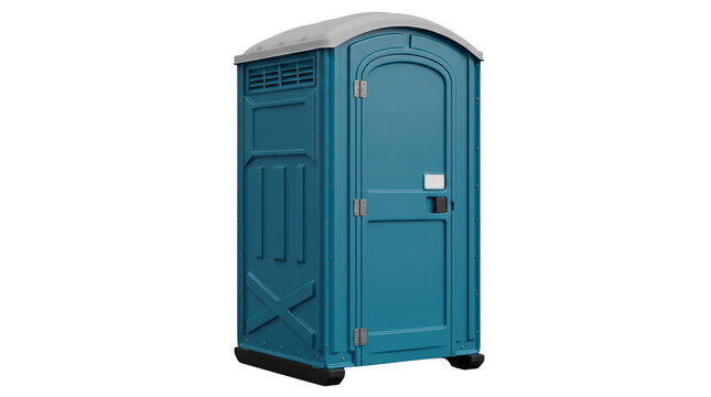Blue portable toilet transparent PNG isolated cutout, temporary restroom booth element for event and construction design