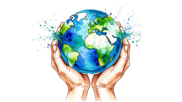 Human hands gently cradling the Earth, symbolizing care and global responsibility. Splashes of watercolor paint evoke a sense of dynamism and the vibrant nature of our planet