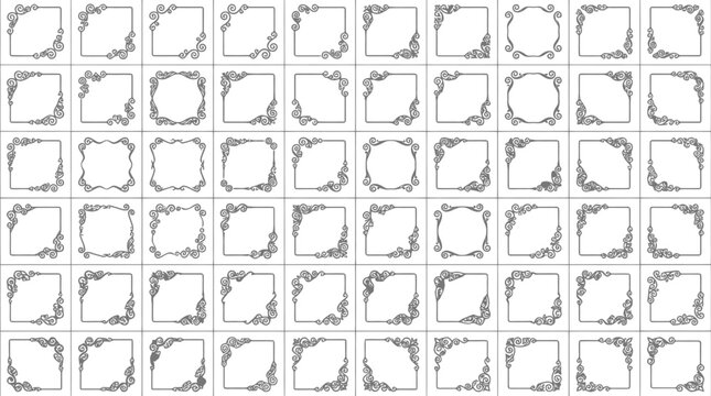 Collection of 70 ornate black and white square decorative borders and corner featuring intricate scrollwork and floral motifs arranged in a grid pattern on a white background for and embellishment