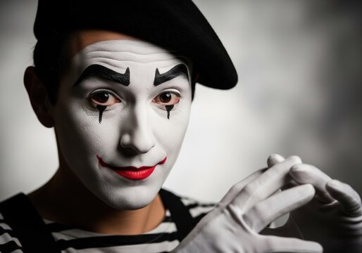 Portrait Of A Mime Artist In Traditional Costume Making Hand Gestures Against A Grey Backdrop
