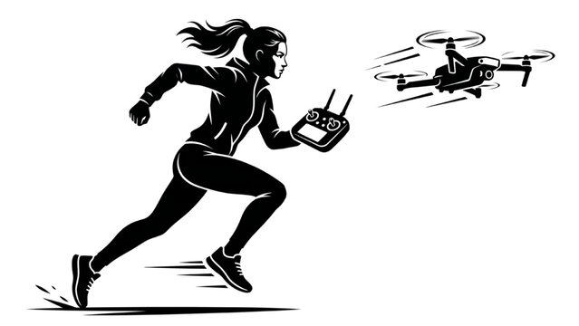 A woman running while controlling a drone with a remote. This image depicts technology and action