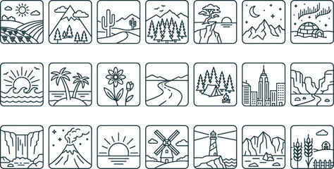 Obraz premium Big set of landscape nature and travel square outline icons for outdoor adventure design