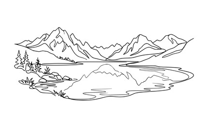Fototapeta premium Continuous One Line Drawing of Mountain Landscape with Lake Reflection