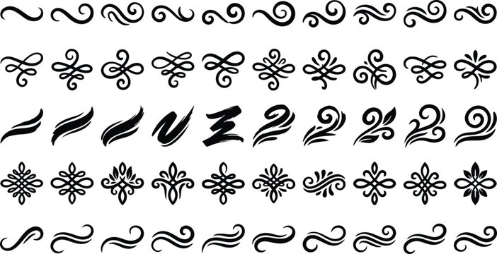 A diverse set of 40 black decorative swirls flourishes and brush strokes on a white background for and artistic accents