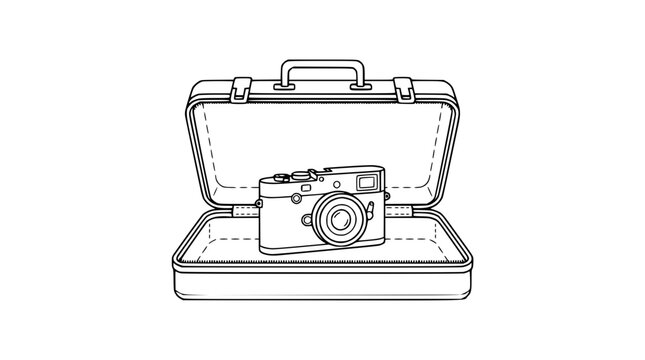 Minimalist line art illustration of a vintage camera inside an open suitcase for travel