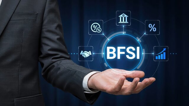 Businessman holding a digital bfsi concept icon with financial and banking symbols