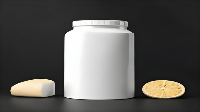 White Supplement Container with Sliced Lemon and Bread Slice on Black Background