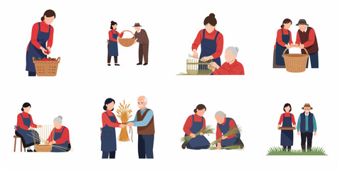 Fototapeta premium Set of flat vector illustrations of farmers harvesting crops and weaving traditional wicker baskets with seniors.