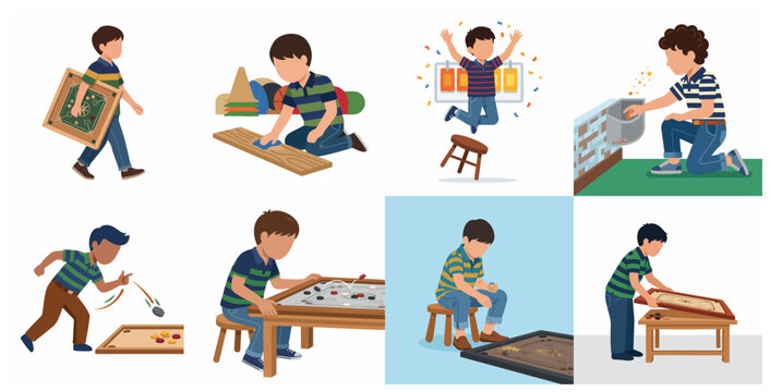 Set of cartoon illustrations showing a young boy playing the traditional carrom board game, including cleaning the board, winning, and aiming.