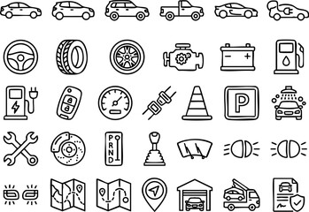 Naklejka premium Set of automotive linear icons depicting car parts and maintenance services in black and white sketch style