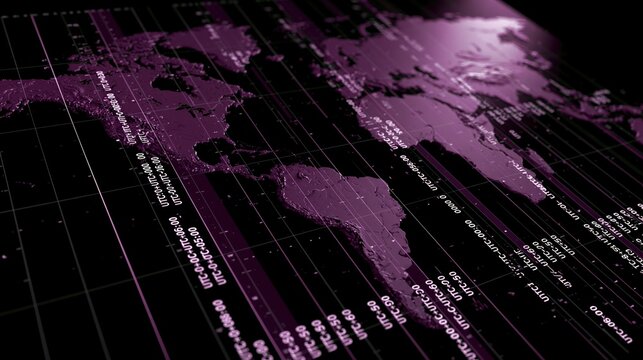 Abstract world map with utc time zone grid lines in purple tones