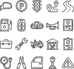 Fototapeta premium Automotive repair and vehicle service linear icons set with automotive maintenance dashboard document