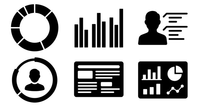 70 Data Visualization Icons Set, Business Analytics Graphics, User Profile Charts, Report Dashboard Elements, Black and White Vector Graphics for Presentations and Web Design 100