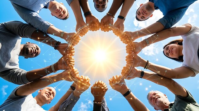 Diverse group joining hands together. Teamwork unity and community spirit
