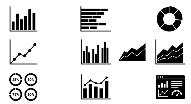 70 Collection of 9 Black and White Business Data Charts, Graphs, and Analytics Icons. Includes bar, line, pie, and donut charts for financial reports, marketing analysis